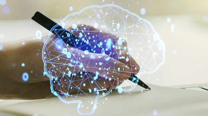 Composite picture of a hand holding a pen overlaid with CGI rendition of human brain and electrical pulses
