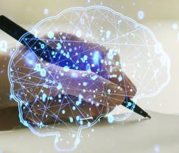 Composite picture of a hand holding a pen overlaid with CGI rendition of human brain and electrical pulses