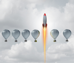 A row of hot air balloons with a rocket surging past them to illustrate how innovation (a rocket) can supercharge your growth as a company