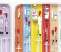 Anaesthetic drugs and delivery equipment in an Uvamed colour-coded Rainbow Tray 