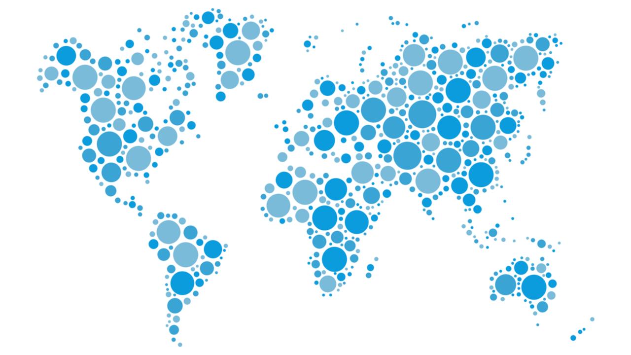 World map mosaic of blue dots in different sizes and shades on white background. Vector illustration. Abstract background theme.