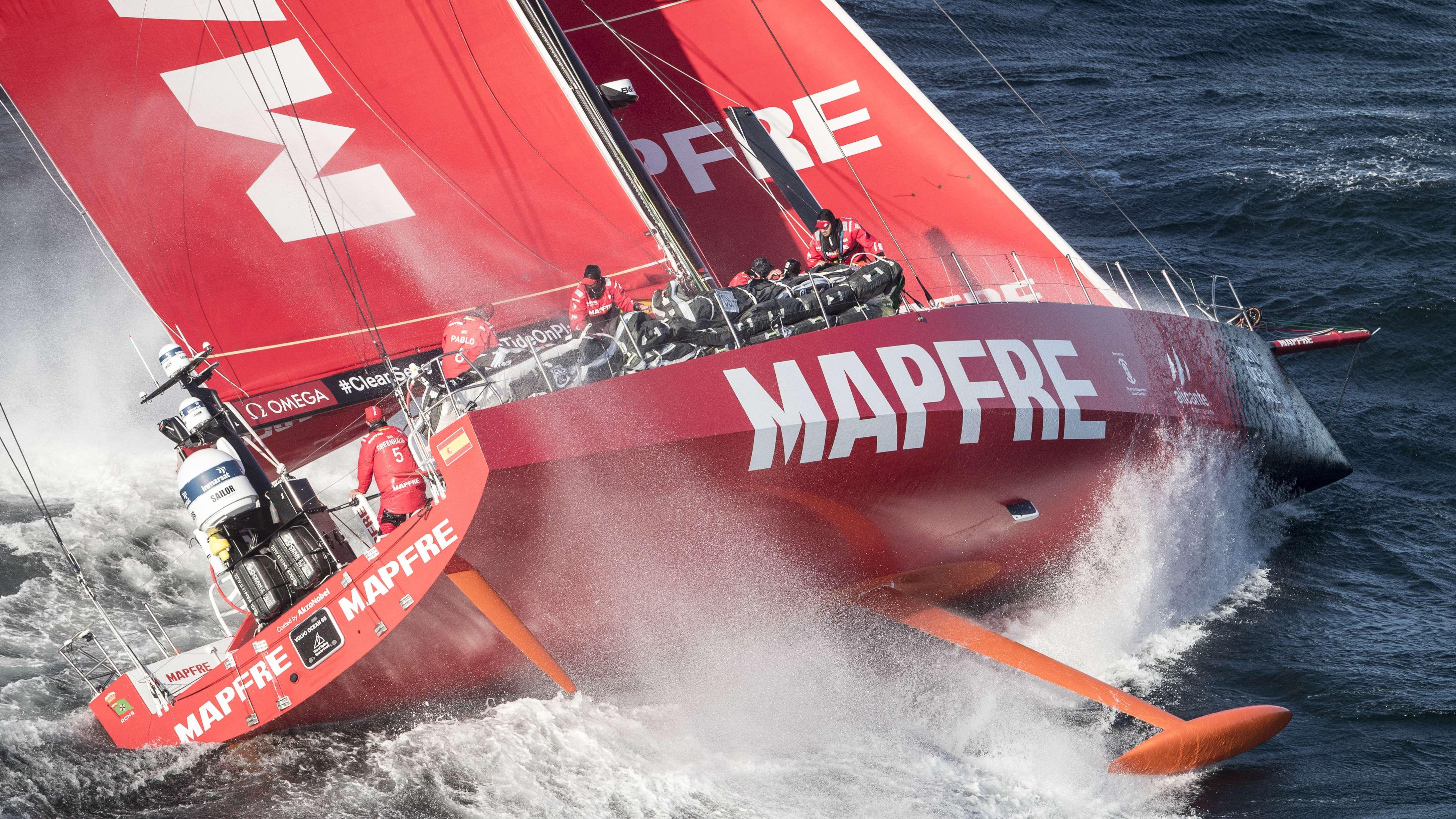 Volvo Ocean Race competitor Mapfre heeled over in heavy swell