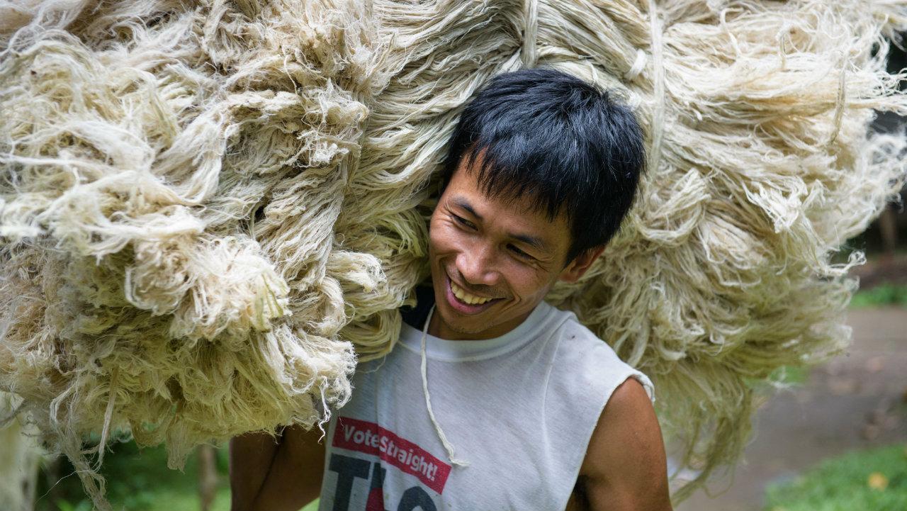 a member of a co-operative in the Philippines carrying a bale of pineapple leaf fibre.