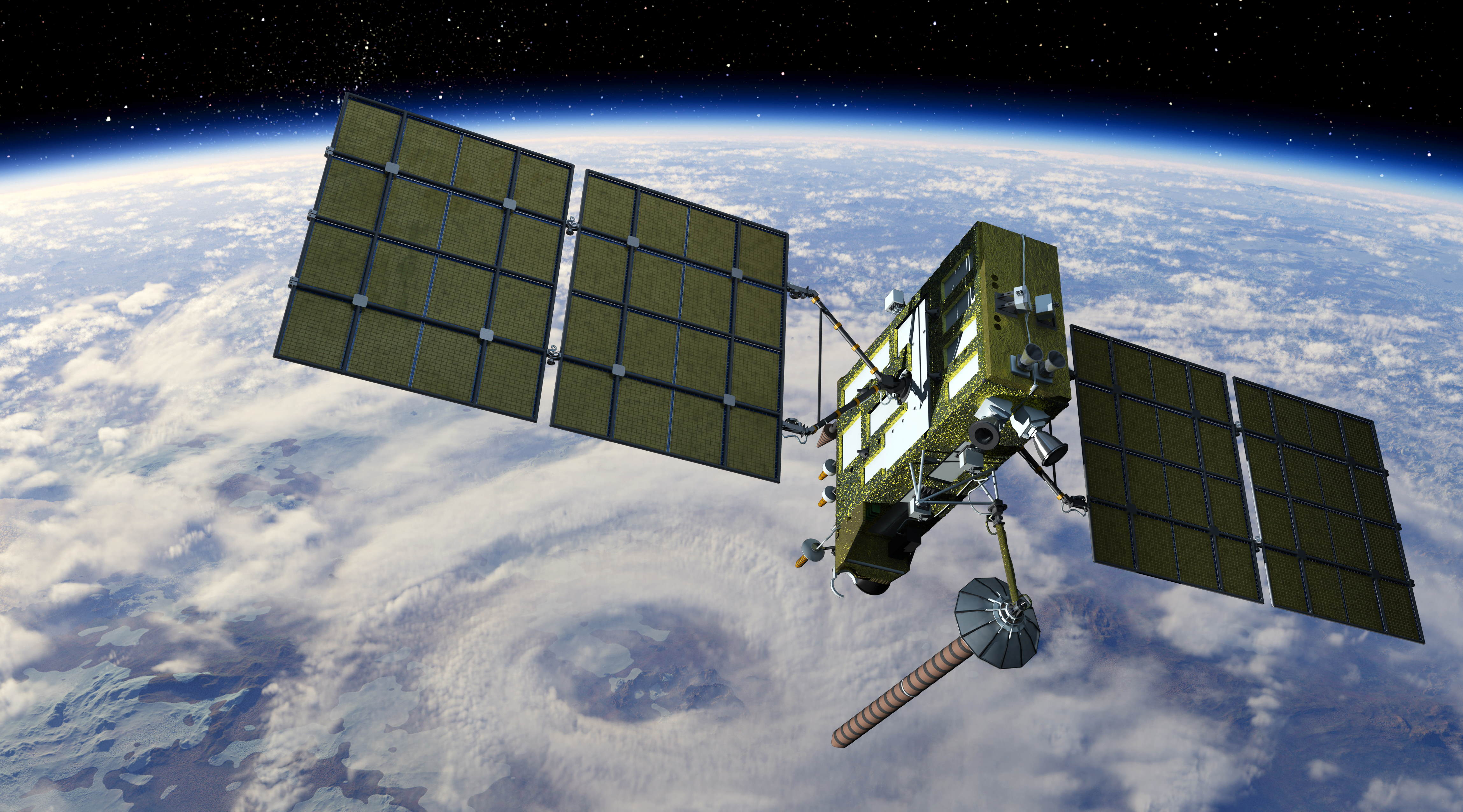 Image of satellite with solar arrays against a backdrop of the earth and cloud patterns.
