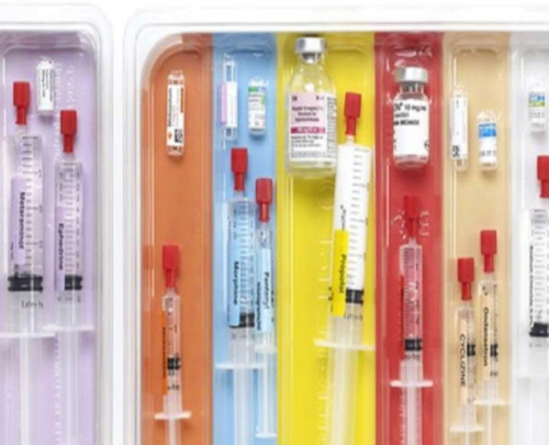 Anaesthetic drugs and delivery equipment in an Uvamed colour-coded Rainbow Tray 